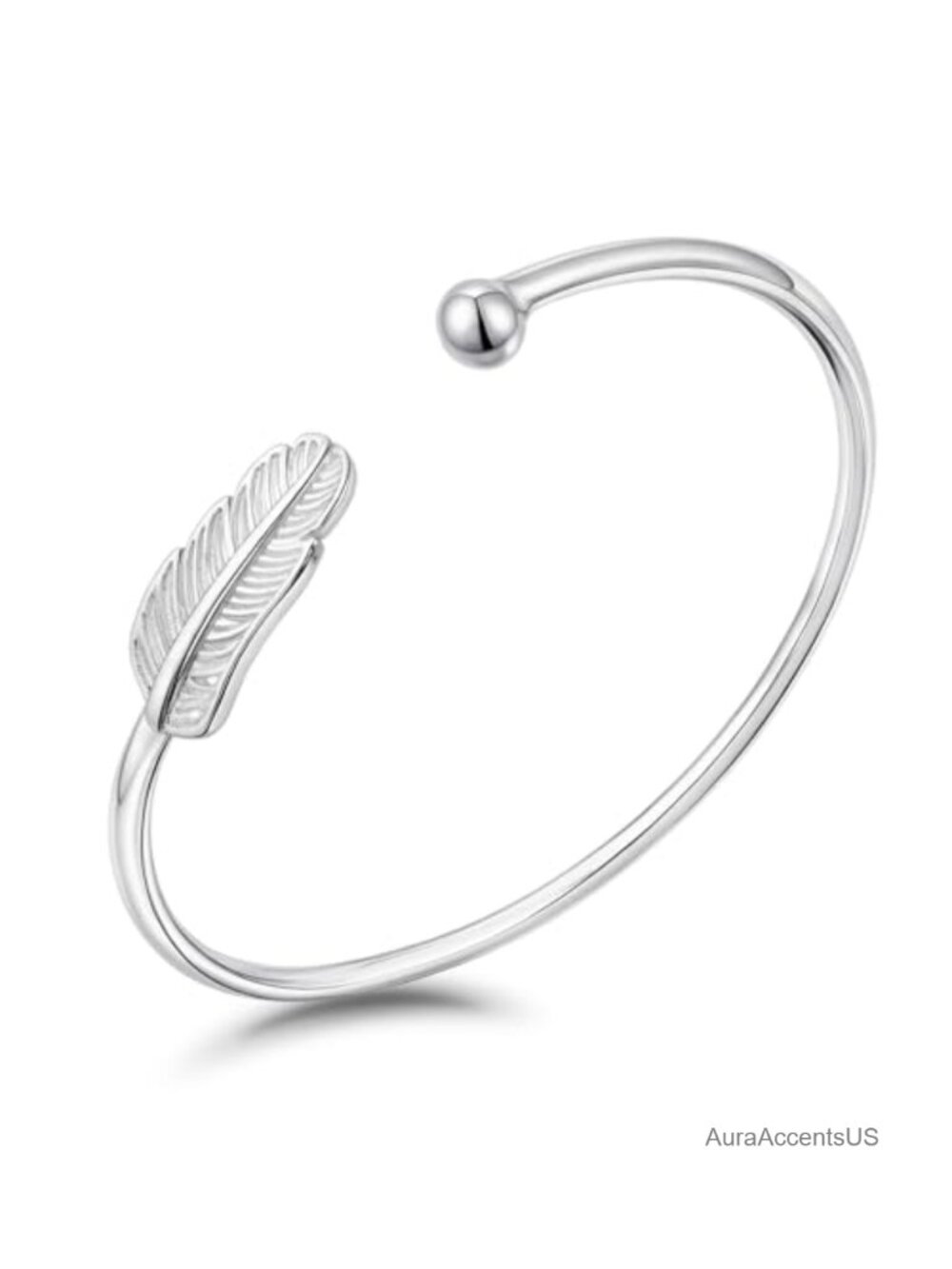 Adjustable Silver Feather Cuff Bracelet for Women, Stackable Bangle